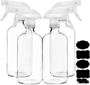 Clear Glass Spray Bottles For Cleaning Solutions (4 Pack) - 16 Ounce, Refillable Sprayer for Essential Oil, Water, Kitchen, Hair. Durable Black Trigger Sprayer w/Mist and Stream Settings (Clear)