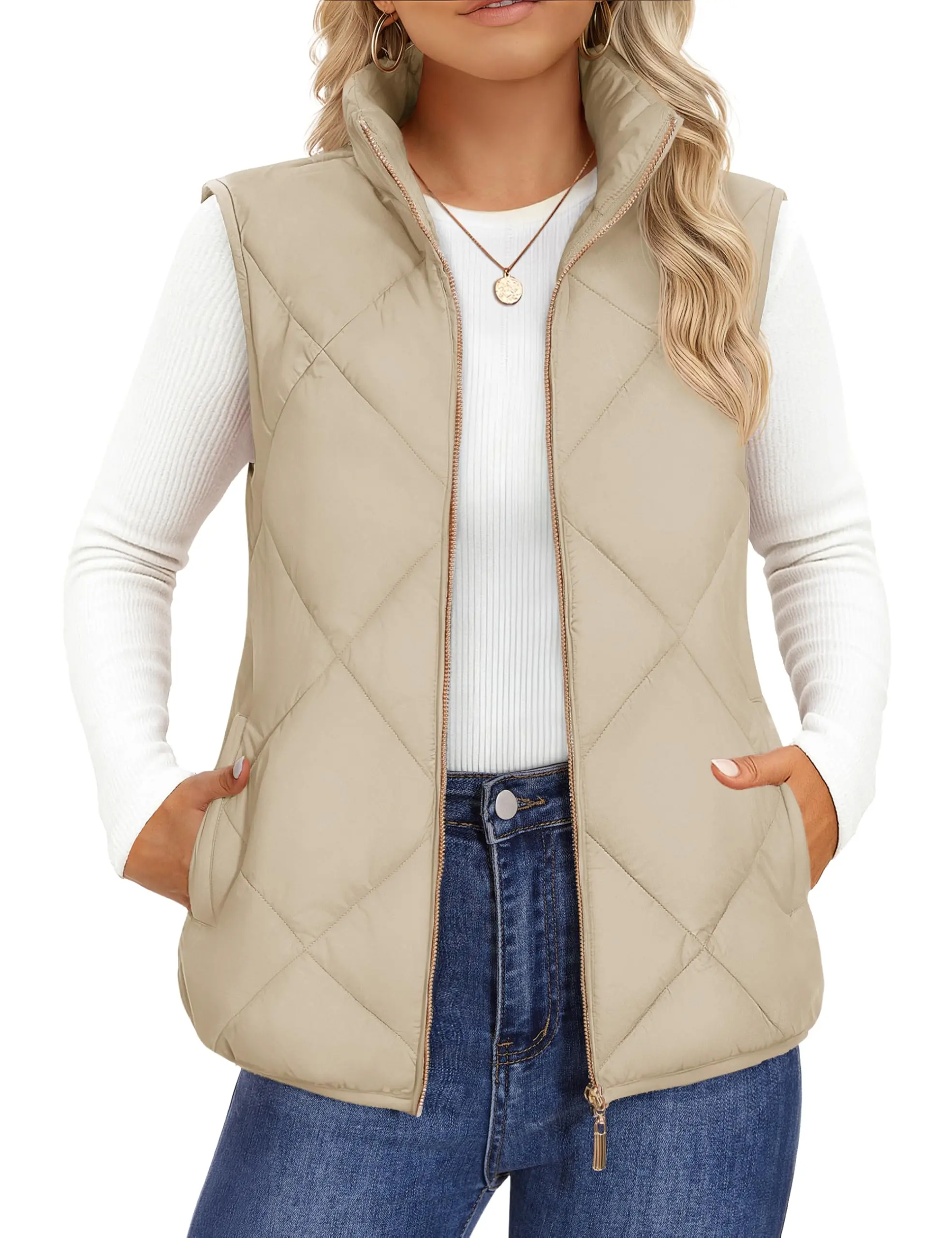Cotrasen Womens Quilted Vest Stand Collar Sleeveless Zip Padded Gilet Jacket | Polyester,Zipper closure,Lightweight,Pockets,Solid,Winter,Daily wear,Work,Shopping,Dating