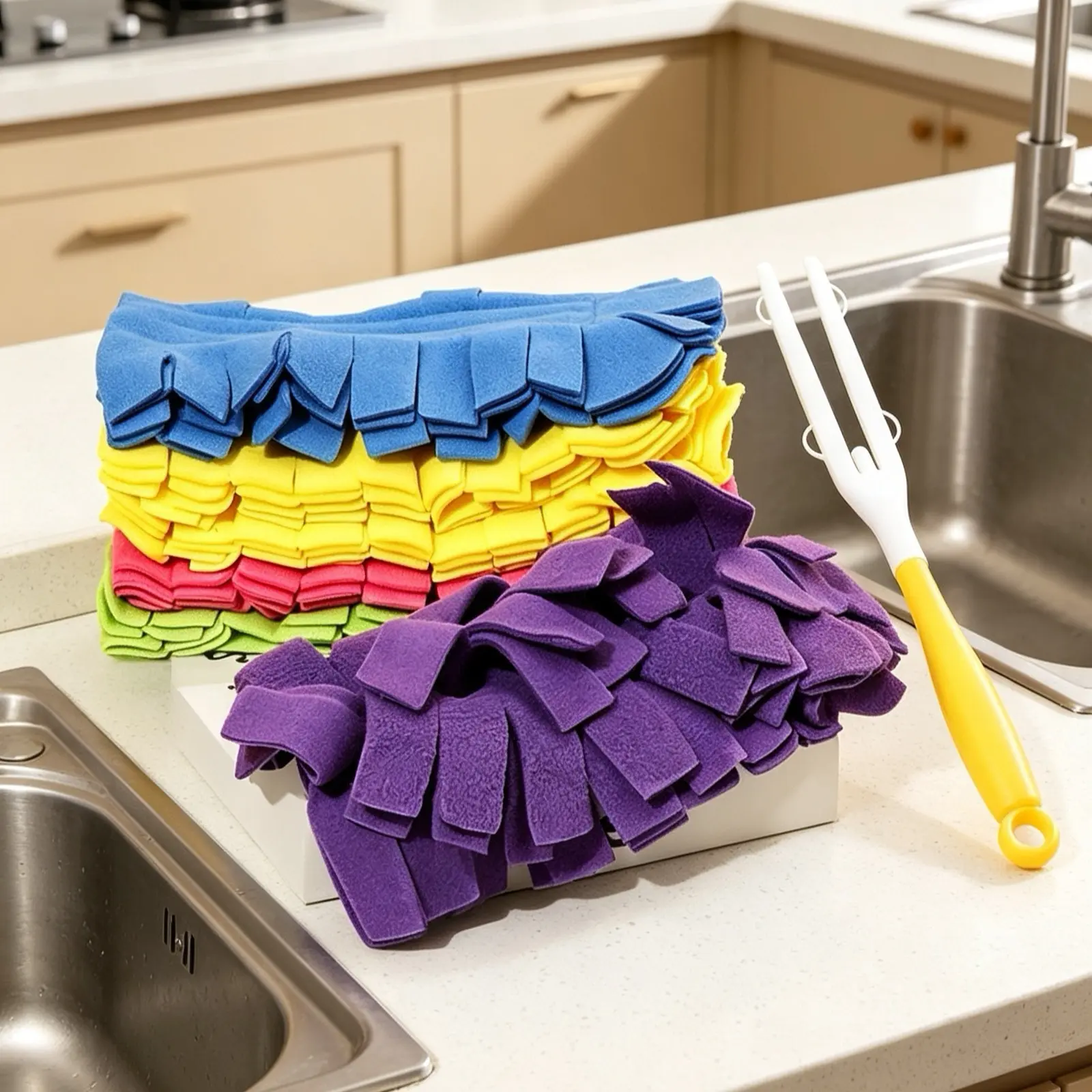 5-Piece Electrostatic Dust Removal Cloth Set with Handle, 360° Multi-Functional Surface Head, Machine Washable Reusable Household Kitchen Cleaning Supplies for Countertops, Range Hoods