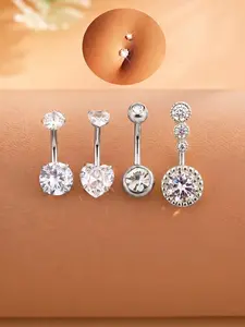 4pcs Stainless Steel Navel Rings Set, Navel Piercings, Quad Claw Internal Threaded Double Heart Zirconia Inlaid, Sexy Belly Button Piercing Jewelry, 18K Gold Plated, Suitable For Festivals