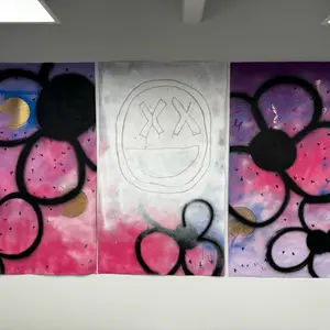 “Happily xx inside” 1/3 43in x 72 in piece from painting set. Street art style, spray paint on canvas. (Middle part only) Art for sale