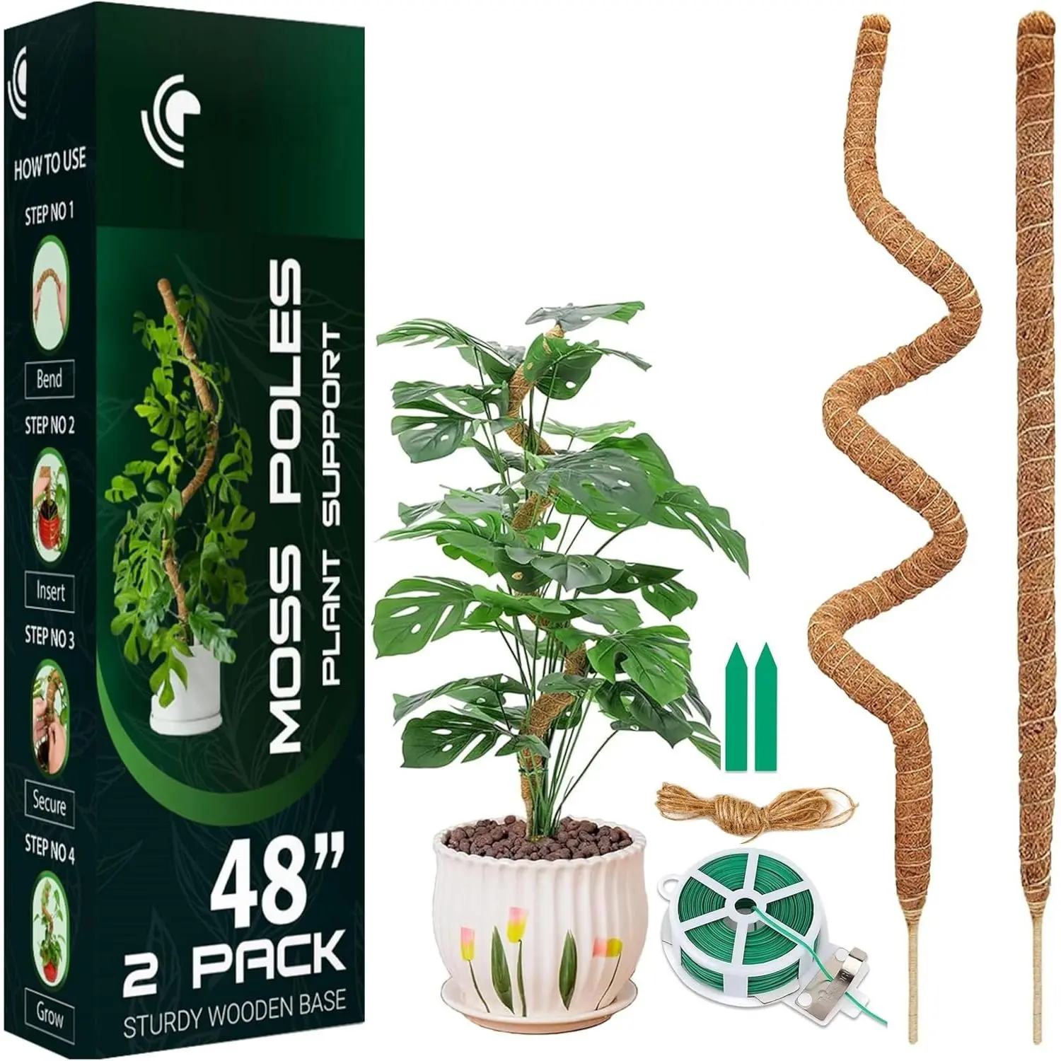 2-Pack 48'' Bendable Moss Poles for Monstera & Climbing  - Flexible Trellis  Support Stakes with Accessories - Indoor & Outdoor Use
