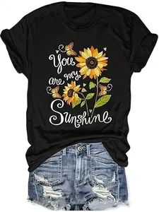 Women's "You Are My Sunshine" Sunflower Graphic T-Shirt - Casual Black Tee with Vibrant Floral Design, Short Sleeves, Machine Washable, Perfect for Spring & Summer, Sunflower Clothes