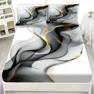 3pcs Black and White Smoky Wave, Golden Line Marble Luxury Fitted Sheet Set, 1 Fitted Sheet and 2 Pillowcases, Spring & Summer New Arrival, Marble Bedding Set, Perfect for Home and Dorm Decor, Soft and Machine Washable