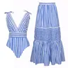 FLAXMAKER Women's V Neck Bowknot Blue Striped Print One Piece Swimsuit and Skirt Set Stylish Beachwear Swimdress Bathing Suit #Summervibes outdoorfun #SwimWeek