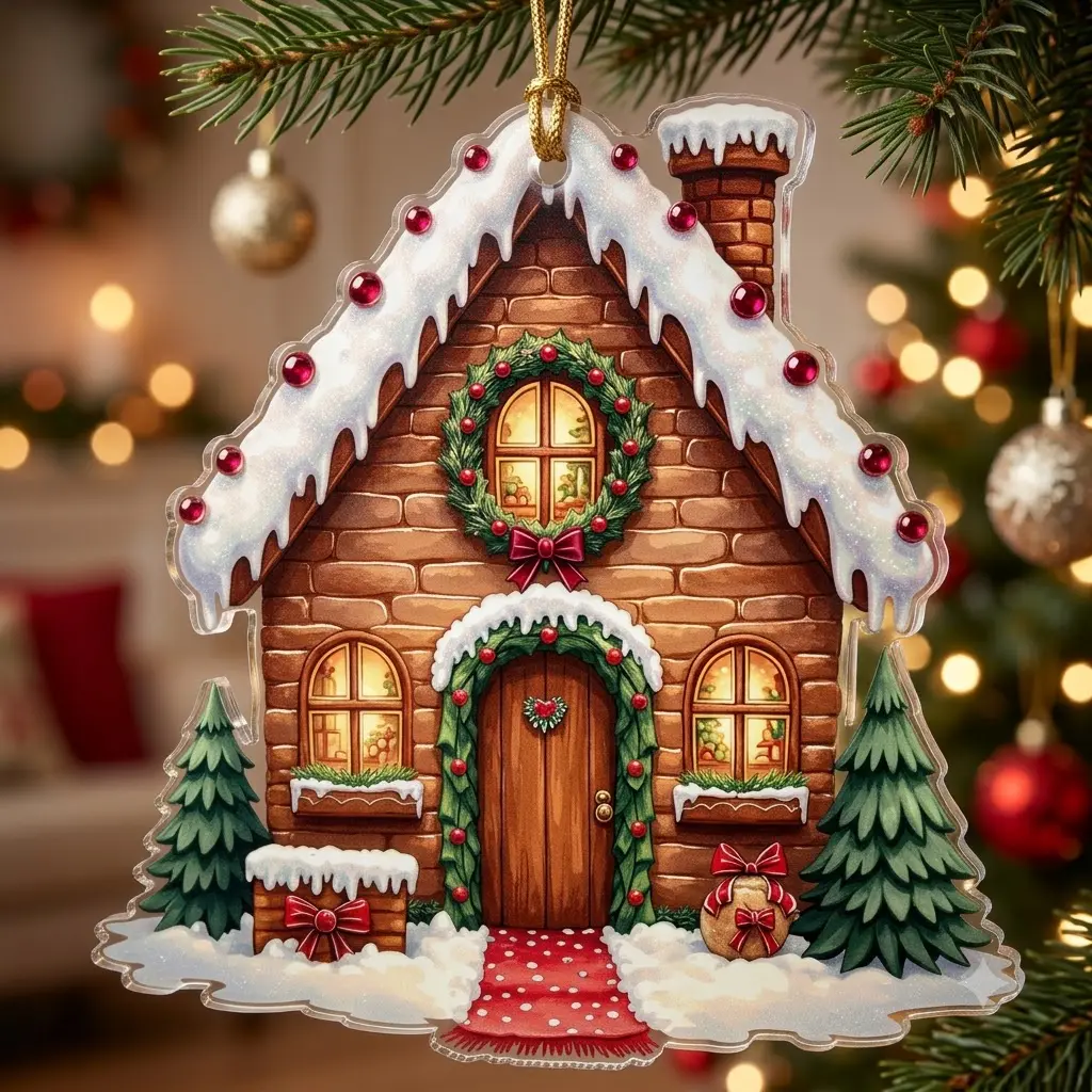 Cozy Christmas Gingerbread House Ornament, Acrylic Tree Decor with Snowy Roof and Wreath, Festive Holiday Cottage Keepsake, Xmas Gift