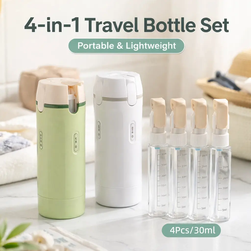 4-in-1 Plastic Travel Dispenser Bottle, Leak-Proof Refillable Toiletry Storage Container with Pump, Compact TSA Carry-on Bottle for Shampoo, Lotion, Conditioner & Cosmetics