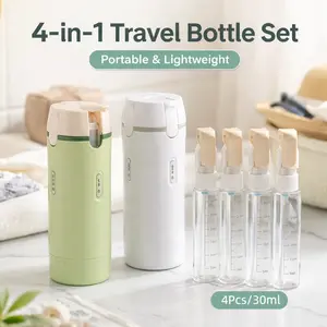 4-in-1 Aesthetic Travel Bottle Set, Leak Proof Refillable Toiletry Dispenser Pump with Labels, TSA Approved Carry-on Essential, Compact Travel Size Container for Shampoo & Lotion