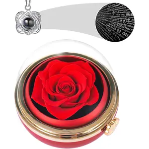 Rotating Preserved Real Rose  Box with I Love You Necklace - Spherical Eternal Flower Gifts for Mom, Wife, Grandma, Girlfriend - Forever Love Women Gifts for Christmas, Valentine's Day (Red)