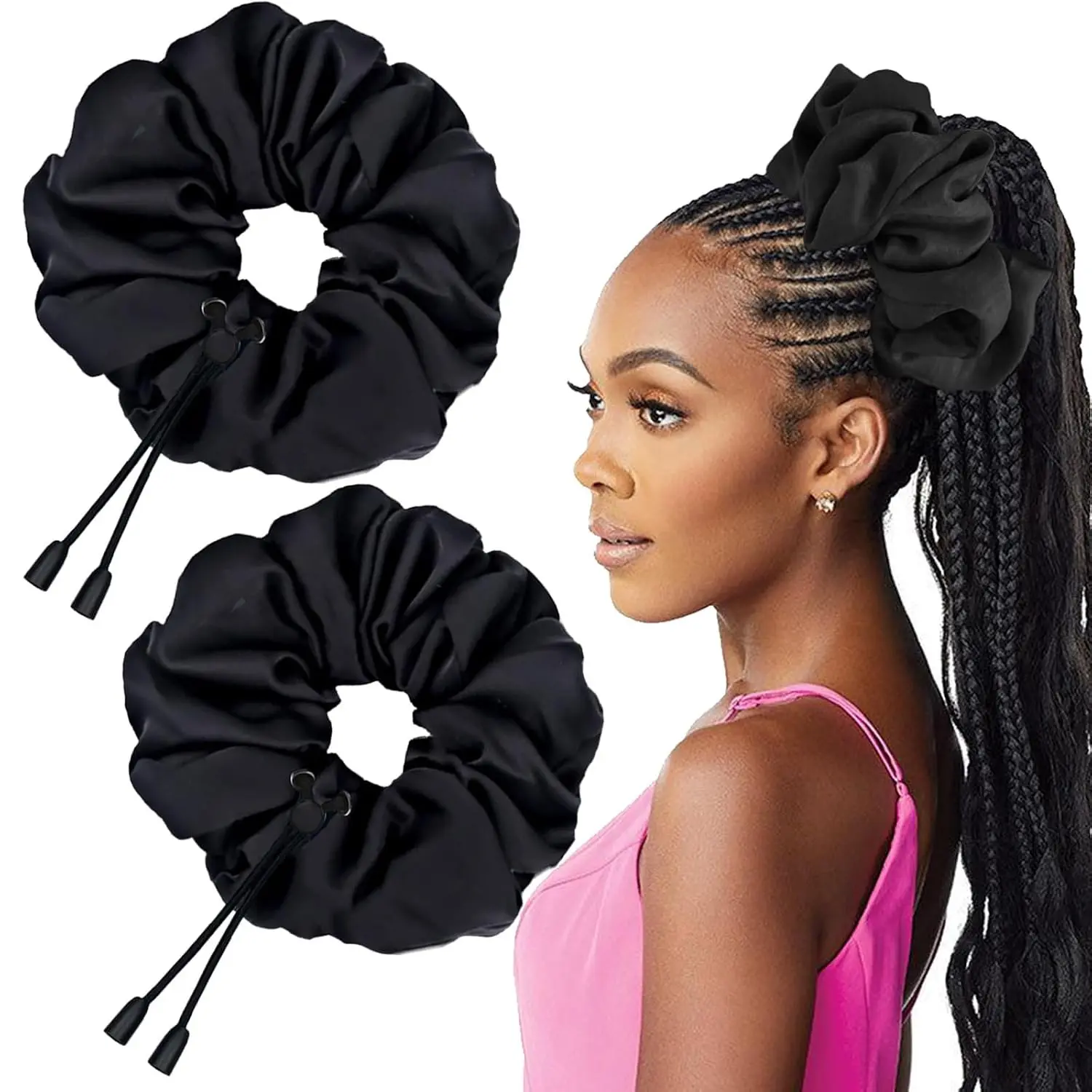2 Pcs Adjust Satin Hair Scrunchies for Women Girls,Adjustable Hair Ties for 4c Girlie Thick Curly Natural Hair, No Damage Hair Accessories for Afro Puff Loc Ponytails