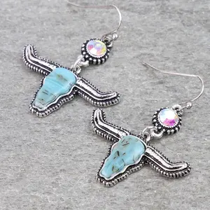 Western AB Stone Dangle Earrings in Thunder or Steer Head Style with Turquoise Accents and Aurora Beads