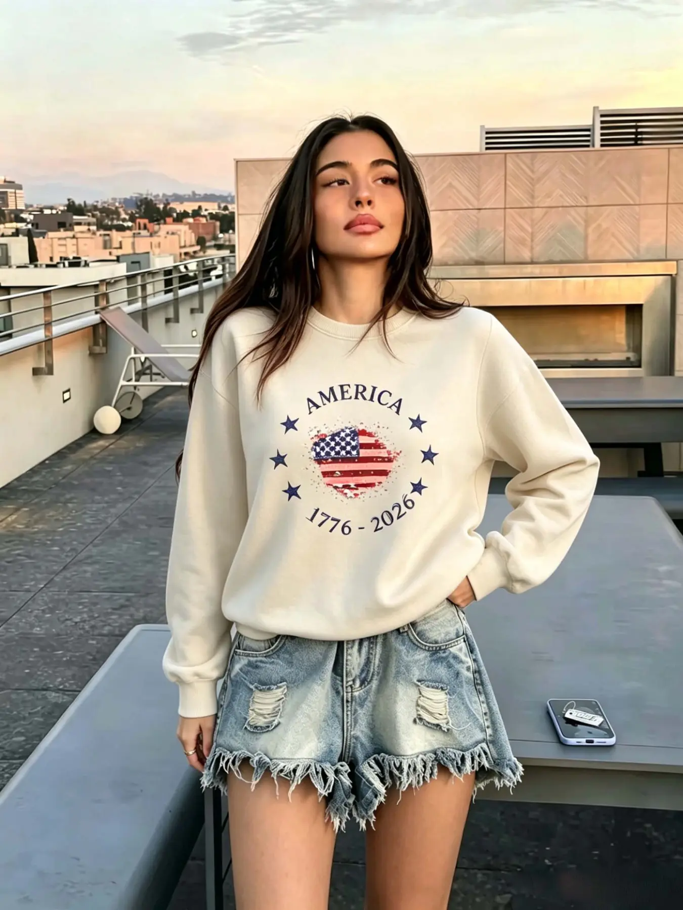 Vintage Heart American Flag Print Sweater, Independence Day Atmosphere, Usa 250th Anniversary, Retro Patriotic Style, July 4th