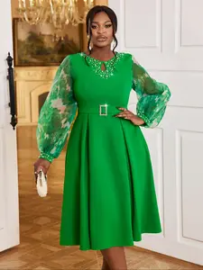 AM040710 Autumn New Style Lantern Sleeve Elegance Dress Party Bead High Waist A-Line Skirt Dresses