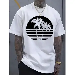 Men'S Navy Blue Coconut Tree Pattern Pure Cotton T-Shirt, Casual Round Neck Short Sleeved T-Shirt, Striped Sunset Design