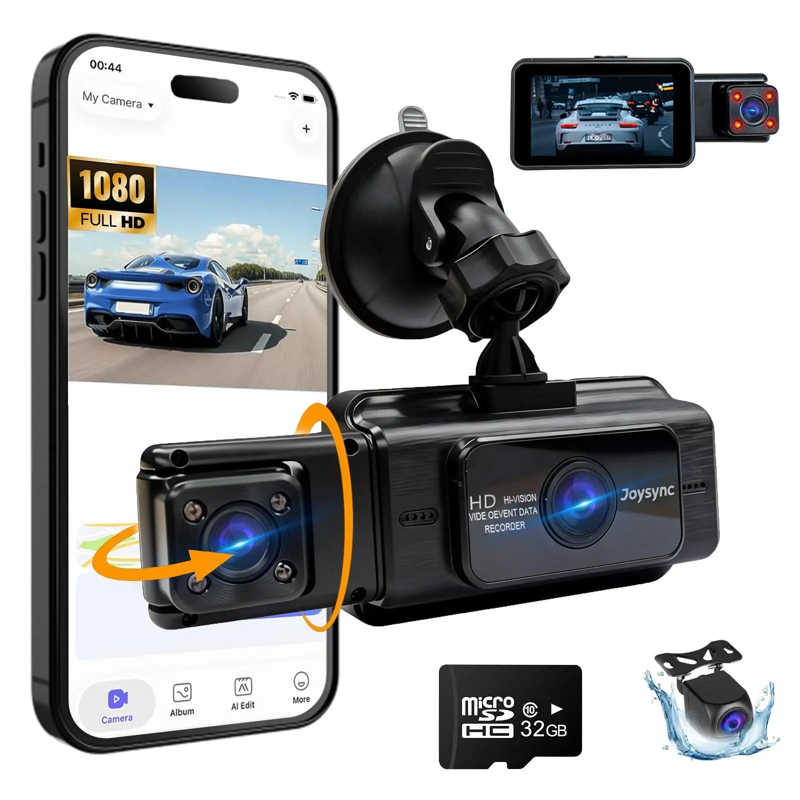 S15 3-Channel 1080p Car Dash Cam with Front, Interior and Rear Cameras, 32GB Card Included, Loop Recording, HDR, Night Vision, G-Sensor, Parking Monitoring