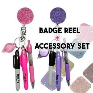 Acrylic Retractable Badge Reel Nurse Set with Mini Shear Scissor LED Light Permanent Marker Highlighter & Pen Customizable Accessories