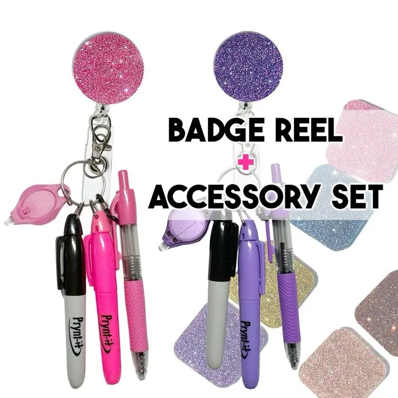 Acrylic Retractable Badge Reel Nurse Set with Mini Shear Scissor LED Light Permanent Marker Highlighter & Pen Customizable Accessories