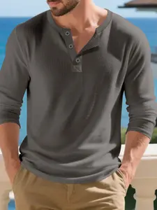 Men's Fall New Heavyweight Knit Ribbed Sleeved Long Sleeve T-Shirt, Loose Fit Round Neck Casual Commuter Base Layer Henry Shirt, Classic, Knitwear