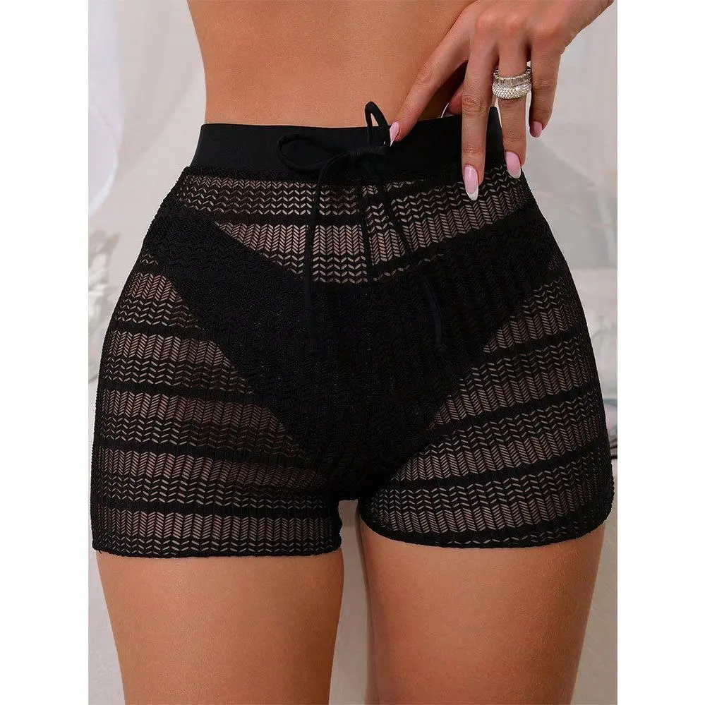 Women's High-Waisted Hollow-Out Lacework Coverup Shorts - Trendy Design, Semi-Sheer Tie-Front Beachwear Swimsuit Cover Up (Panty Not Included), Tummy Control Swimwear