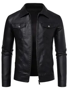 Men's Solid Color Pocket Design Faux Leather Jacket, Street Fashion Casual Comfy Warm Regular Fit Long Sleeve Outerwear for Daily Wear, Men's Clothing for Fall & Winter, Coats, Menswear