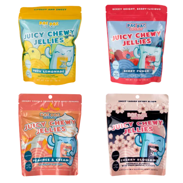 Pac Pac Snacks Juicy, Chewy Konjac Jelly Variety 4 Pack I Plant-based, Gluten-Free, Free From Artificial Flavors and Sugar Alcohols I 5.64 oz per pack (1 Yuzu Lemonade, 1 Berry Punch, 1 Cherry Blossom, 1 Peaches & Cream) I Chewy, Fruity Sweet Jelly