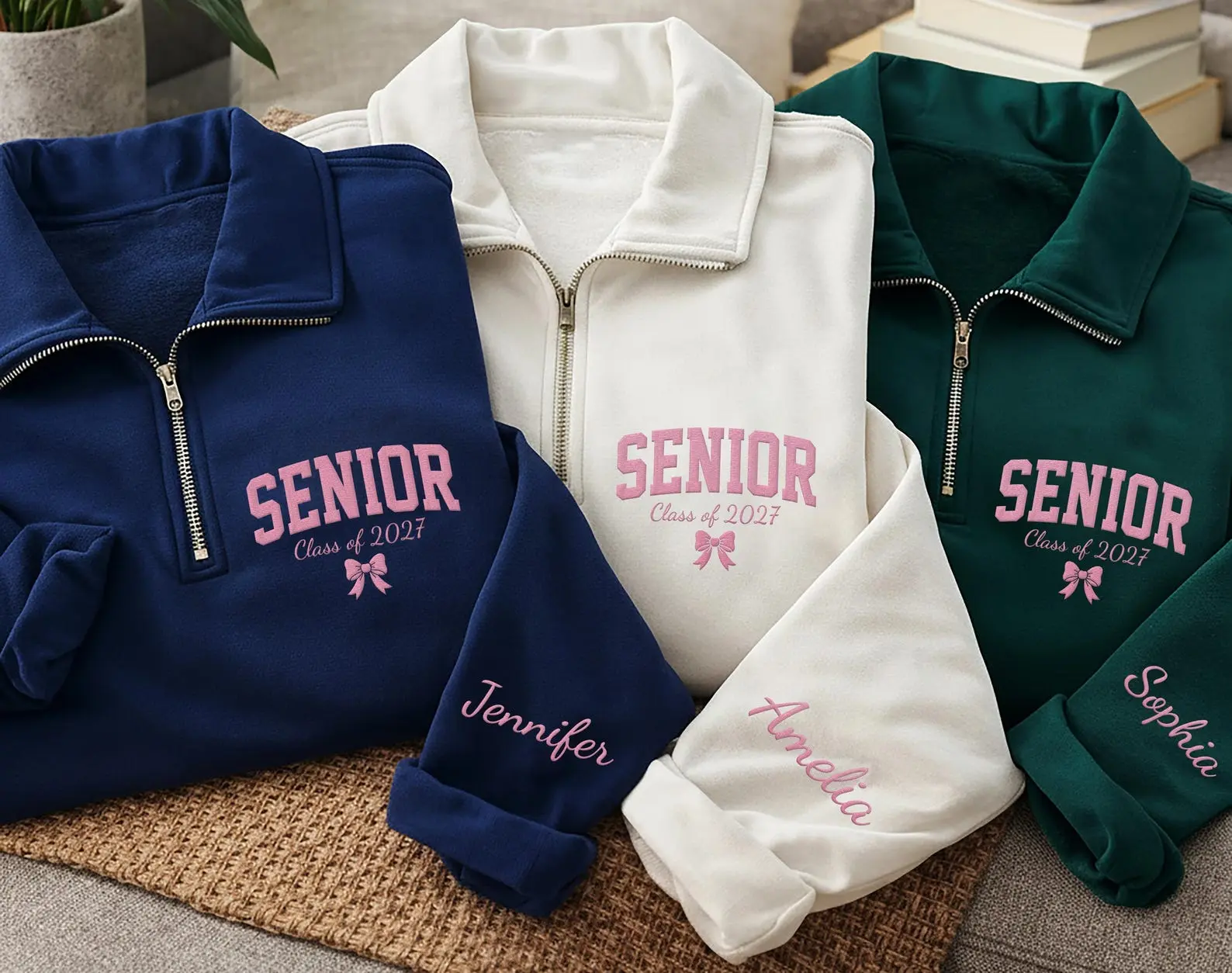 Personalized Senior Embroidered Quarter Zip Sweatshirt, Class of 2027 Pullover, Custom Name Sleeve, Graduation Day Outfit, Senior Gift
