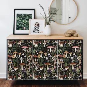 JIFFDIFF Mushroom Peel and Stick Wallpaper Black Boho Contact Paper, Removable Self Adhesive Wallpaper for Bedroom Bathroom Cabinet Countertop, Funky Vintage Mushroom Wall Paper 17.3" x 200"
