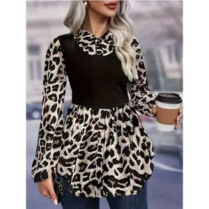 Plus Size Women's Leopard Print Long Sleeved Shirt