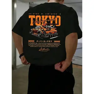Men's Summer Cotton Fashion Casual Loose Large Tokyo Pattern Printed Round Neck Short Sleeve T-shirt Top