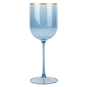 EcoQuality Translucent Plastic Blue Wine Glasses with Gold Rim - 12 oz Wine Cups with Stem, Disposable Shatterproof Wine Goblets, Reusable, Elegant Drink Cup Tumblers Weddings, Party (30 PACK)
