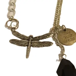 Silvertone Dragonfly Asymmetrical Chain Necklace with Inspiration Charm and Black Acrylic Bead Live Your Dream Motif