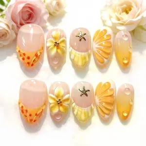 10pcs Press on Nails, Handmade Press ons, Orange Citrus, 3D Floral Syrup French Tip Yellow Fruit False Nails, Spring Nails Summer Nails Acrylic False Nail Reusable Easy to Wear for Parties, Daily & Dancing, Nail Kit, Nail Art Tool