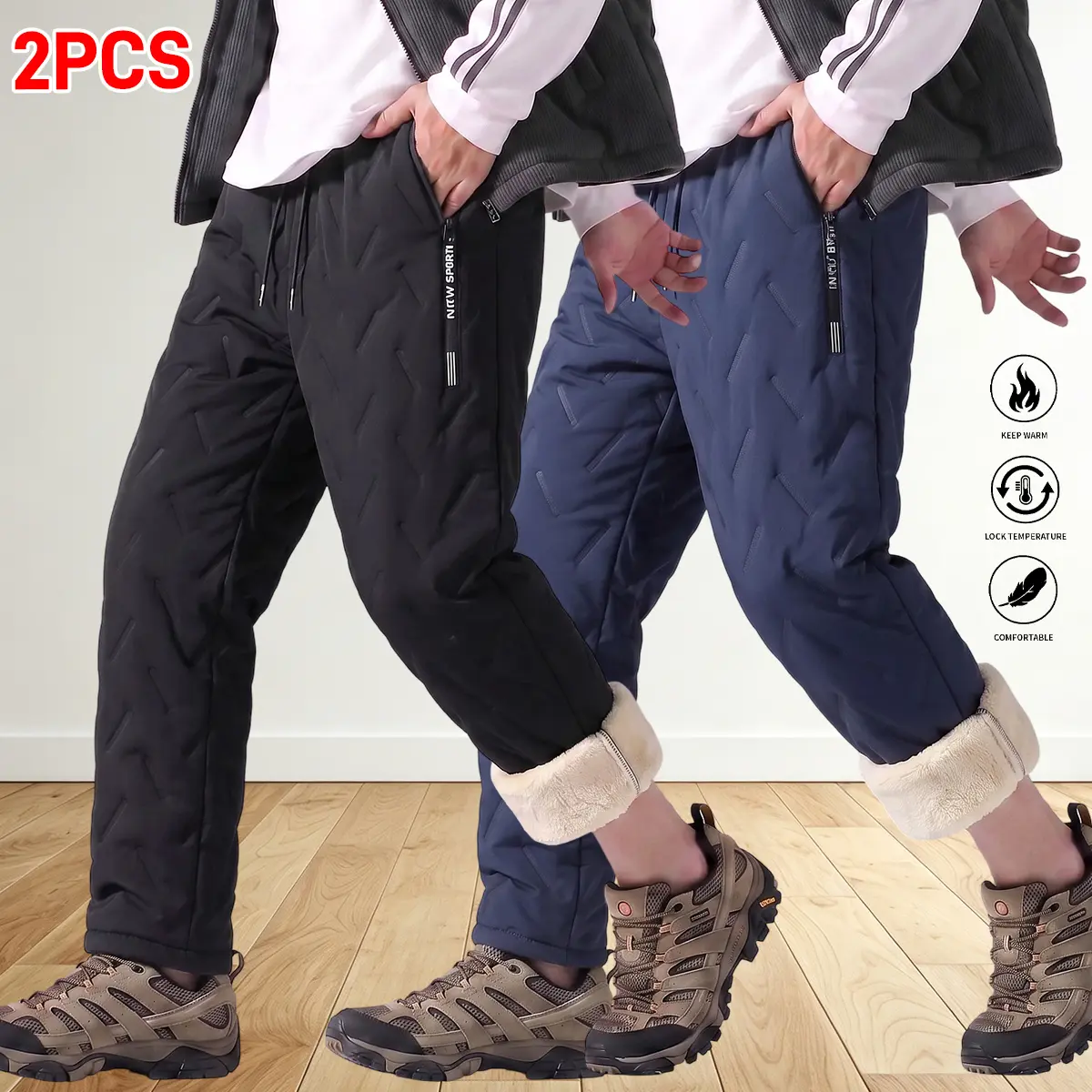 Menswear Men's Ultrasonic-Quilted Sherpa-Lined Straight-Leg Pants, Poly Shell with Cotton Fill, Drawstring, Side Pockets, Ideal for Icy Commutes & Weekend Hikes, Plush Inner for Warmth