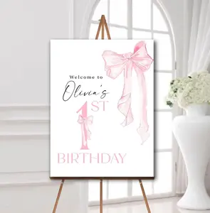 Pink bow 1st birthday welcome sign, Coquette first birthday poster, Pink ribbon, Printed board, Printable