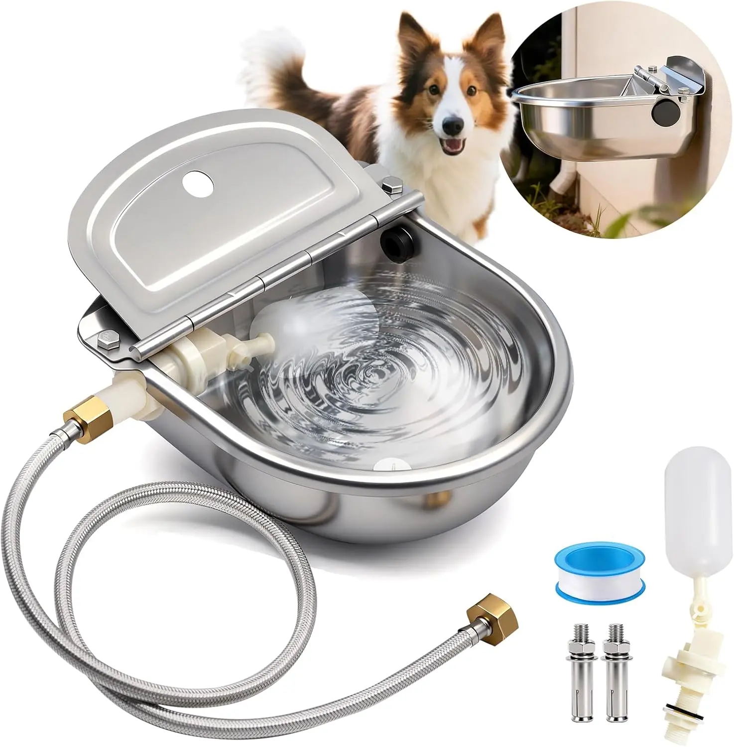 Automatic Dog Water Bowl Dispenser Outdoor, Water Dispenser for Dogs Cats,  Stainless Steel Waterer for Large Dogs Chicken Duck Pig Cow Goat, Wall Mountable, with Drainage Hole