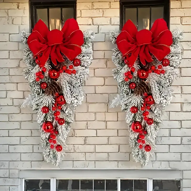 2PCS Large European Christmas Wreath Garland Set - Red Bow, Green Non-Woven Foliage, 23.6in Durable Plastic Ornaments, Front Door/Wall Hanger, Multi-Use Rectangle Home Supplies for Indoor-Outdoor Holiday Kid Room Decor
