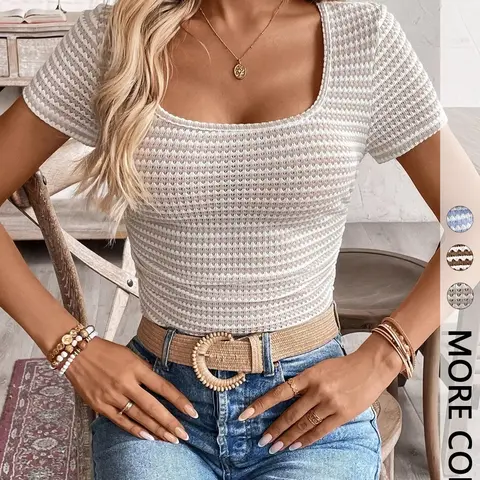 Women's Knitted Short Sleeve Top, Casual Elegant Knitwear, Vintage Minimalist Style Slim Fitted Stretchy Elastic Fabric, Casual Daily Wear, Perfect for Commuting & Stylish