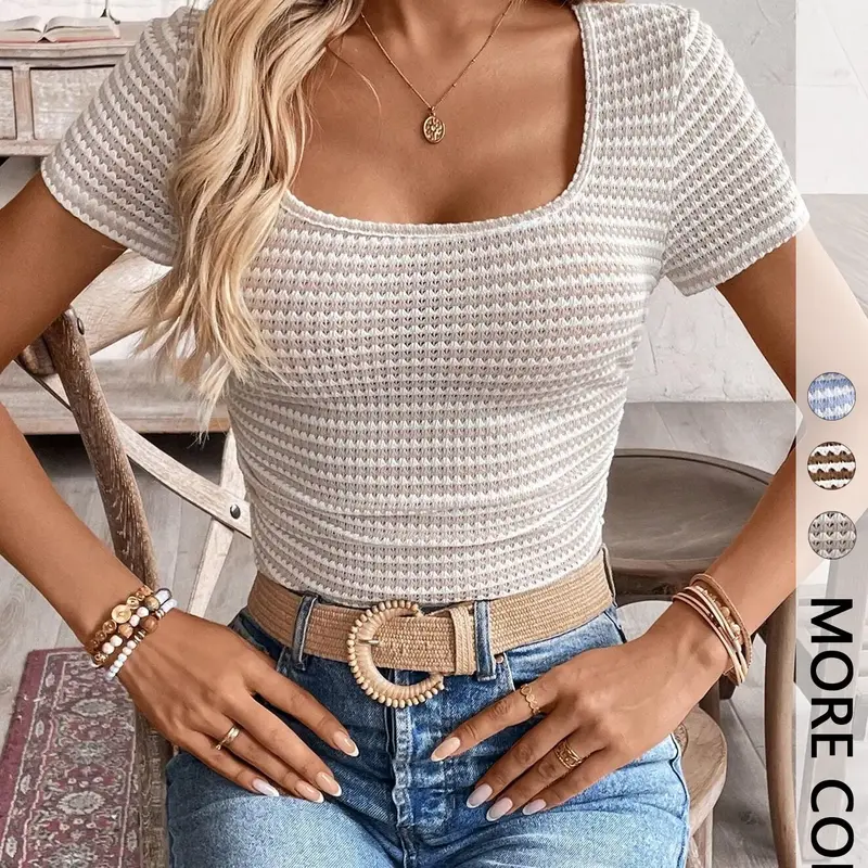 Women's Knitted Short Sleeve Top, Casual Elegant Knitwear, Vintage Minimalist Style Slim Fitted Stretchy Elastic Fabric, Casual Daily Wear, Perfect for Commuting & Stylish