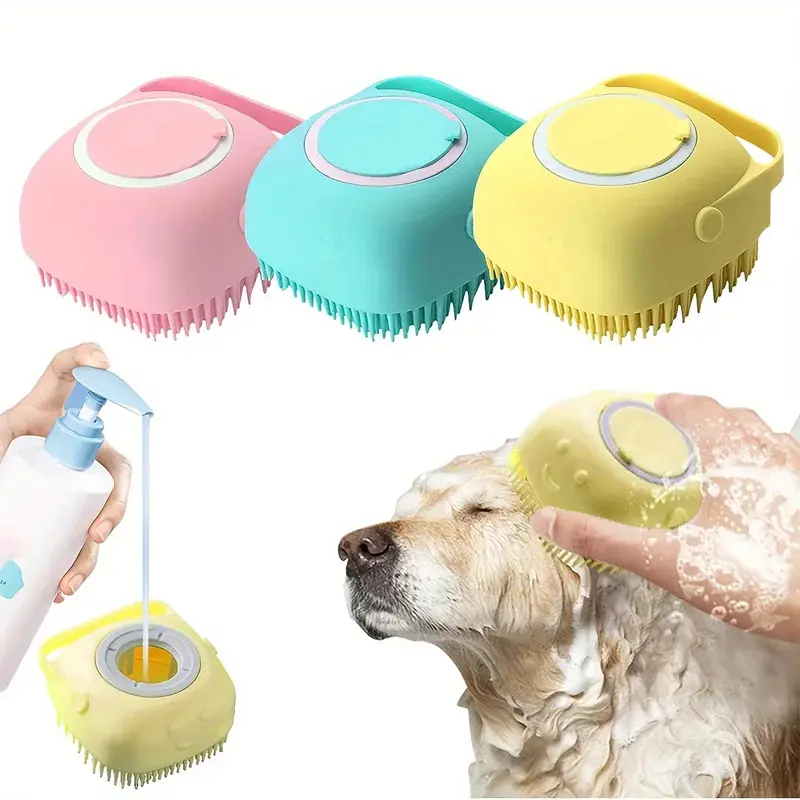Dog Bathing Brush Pet Massage Brush Shampoo Dispenser Soft Silicone Brush Rubber Bristle for Dogs and Cats Shower Grooming Tool Animal