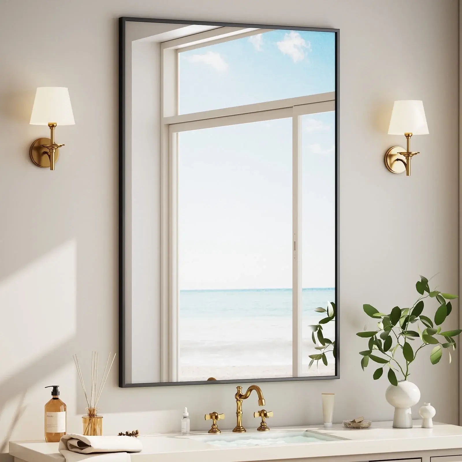 BEAUTYPEAK 3 SIZE Bathroom Wall Mirror with Rectangular Metal Frame Black 36"x24" HD Glass Shatter-Proof Safety Design Easy Install