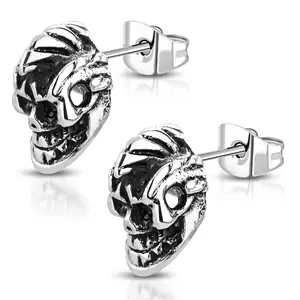 Stainless Steel 3D Cyber Punk Cyborg Robot Skull Bone Two-Tone Biker Stud Post Earrings