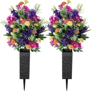 Artificial Cemetery Flowers for Grave: Memorial Day Flowers for Cemetery - Outdoor Grave Decorations - 2 Pcs Purple Violet Mums Bouquets with Vases 2026 new