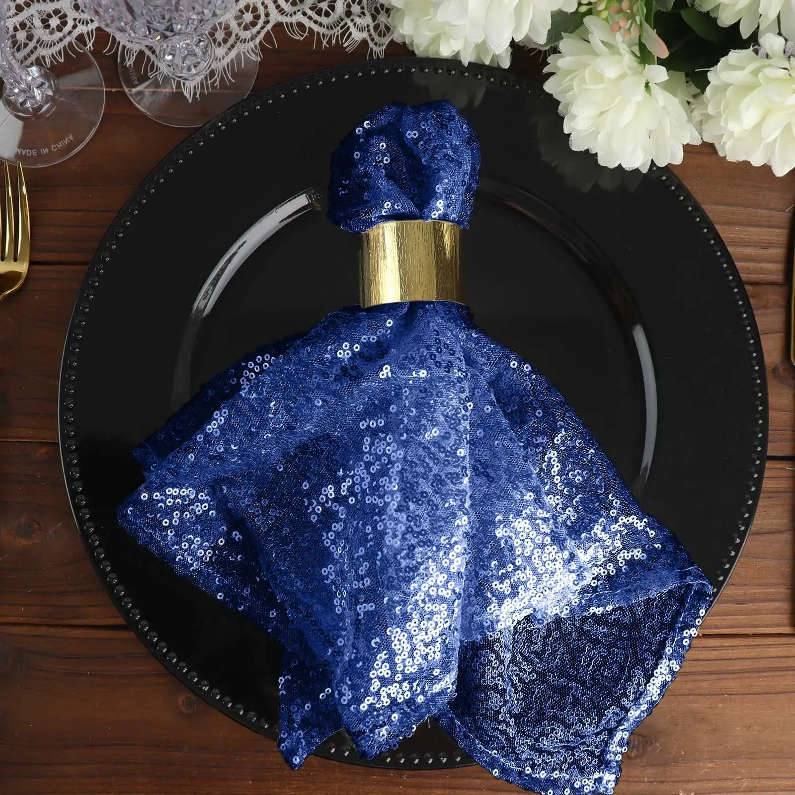Shimmering Navy Blue Sequin 20"x20" Dinner Napkin, Kitchen Tableware