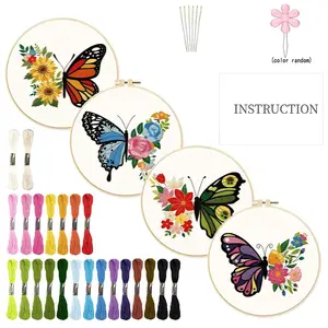 4pcs Flower & Butterfly Pattern Embroidery Kit, Including Embroidery Cloth, Embroidery Hoop, Thread and Needle, Diy Cross Stitch Embroidery Set for Beginner [Package List As Picture Shown]