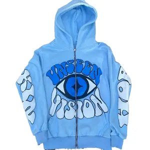 Men's Light Blue  Eye Graphic Zip-Up Hoodie - Retro Streetwear Style for Coastal Strolls, Artistic Gatherings & Laid-Back Trendy Looks
