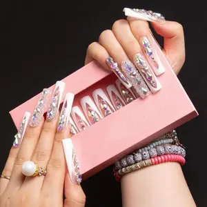 Handmade Press On Nails, Extra Long Coffin Fake Nails with 3D AB Rhinestones, Reusable Acrylic Glue On Nails, Luxury Bling Y2K False Nails for Women, Gothic Nail Art for Party Prom Festival