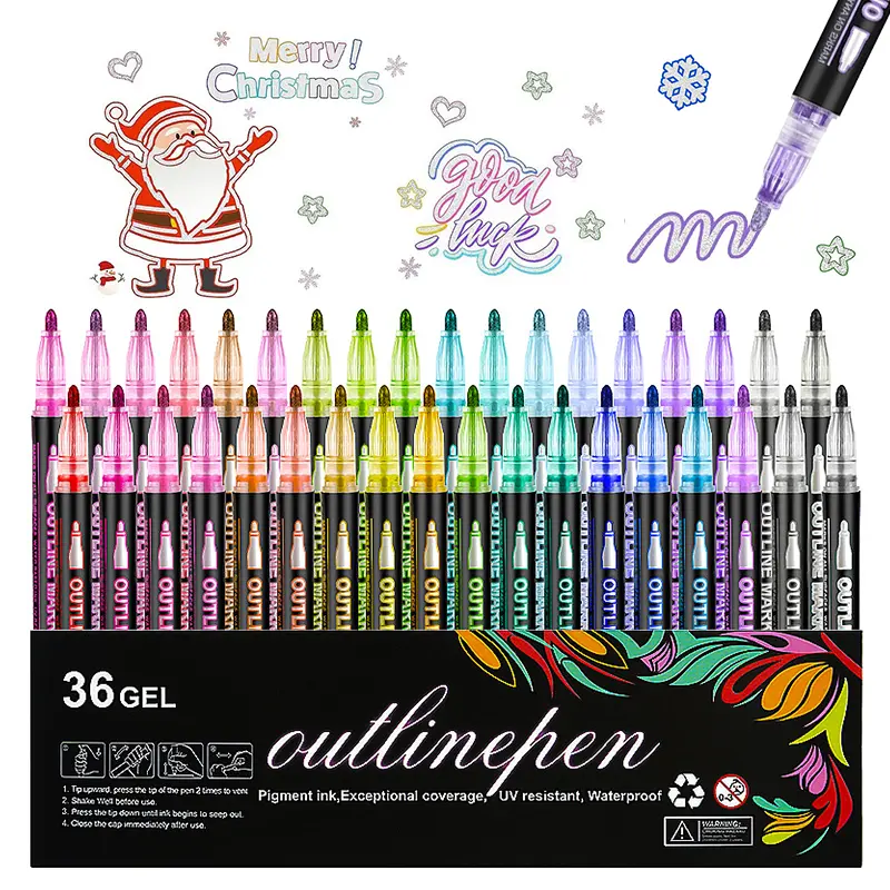 Outline Shimmer Gel Paint Pens Craft Kit - 8/12/24/36/48-Color Glitter Metallic Office Stationery, School Journaling Supplies, Halloween Coloring Tools, Trendy Gifts for Tween Girls, Creative Craft Kit