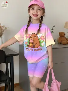 Kids Girls Gradient Capybara Print Outfit Short Sleeve Tee & Matching Shorts Set