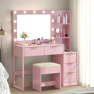 summervibes Ktaxon Fluted Makeup Vanity Desk with Mirror & Lights & Power Outlet, Pink Modern Dressing Table Set Charging Station for Bedroom, w/ 5 Drawers & 2 Shelves