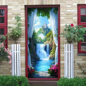 2pcs   Dreamy Waterfall Castle Wall Sticker Stereo Door Mural Self Adhesive Removable Environmental Protection Material Living Room Entrance Decoration Fairy Tale Landscape Painting Home Wall Art Decora Door Decorations